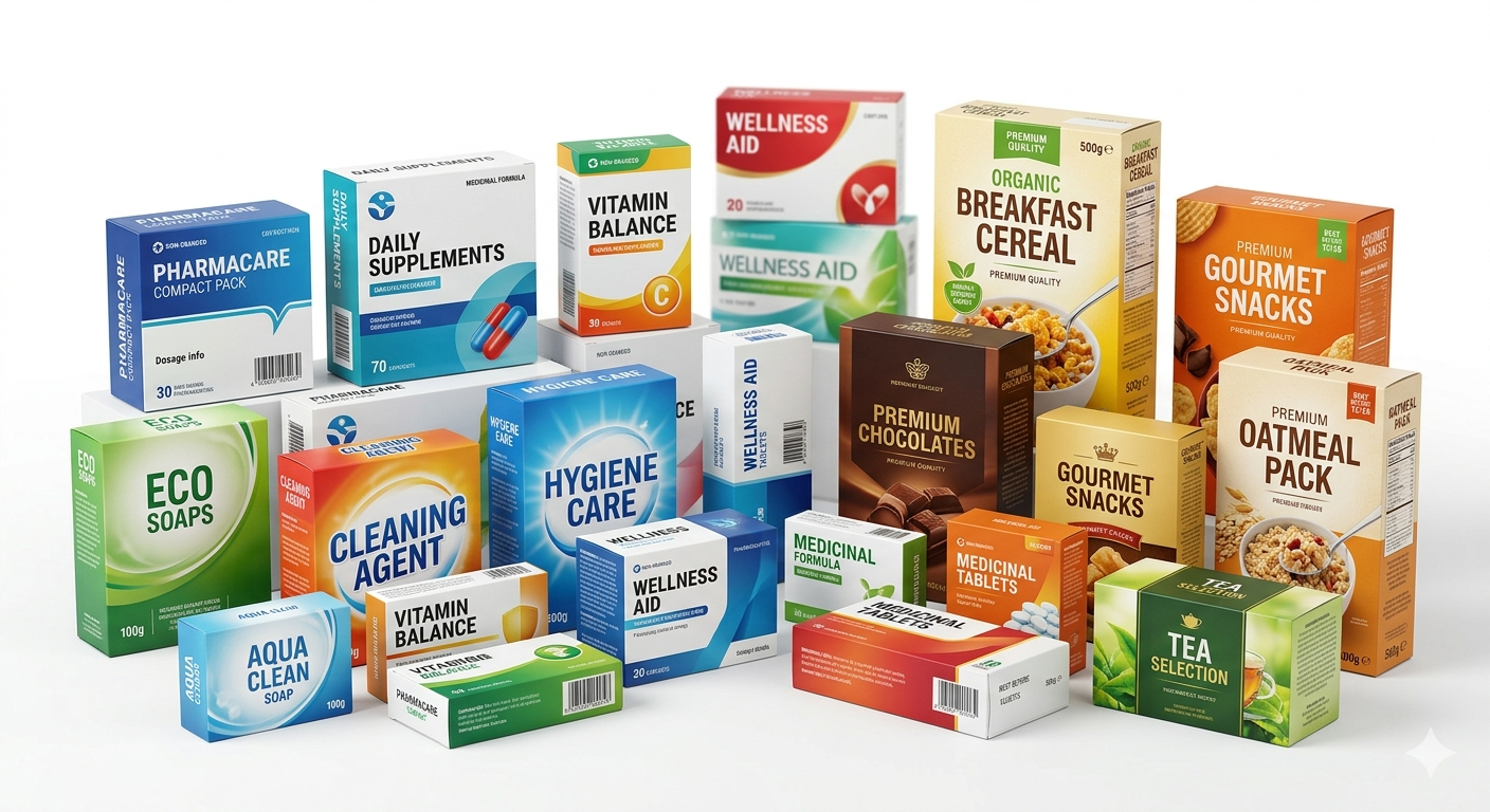 Printed packaging samples displayed together